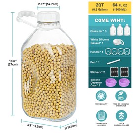 Ritayedet 3 Pack 64 Oz Heavy Duty Glass Milk Bottle with 2 Silicone Spouts, 4 Handles and 4 Reusable Airtight SCREW LIDS, 2 Qt Glass Water Bottle with 2 Exact Scale Lines - Milk & Juice Jug Pitcher
