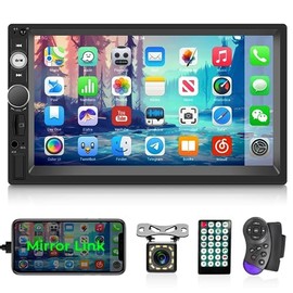 NHOPEEW Double Din Bluetooth Car Stereo - 7 Inch Touch Screen Car Radio with Mirror Link/FM/SWC/EQ Audio/Seven Color Backlight/AUX/USB/SD Input + Backup Camera
