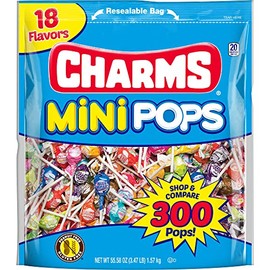 Tootsie Roll Charms Mini Pops, 18 Flavors, Individually Wrapped, Peanut Free, Gluten Free, 300 Count, 1-Pack