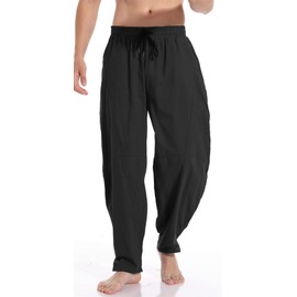 CLANMILUMS Mens Cotton Linen Loose Casual Lightweight Elastic Waist Summer Beach Pants (Large, Black)