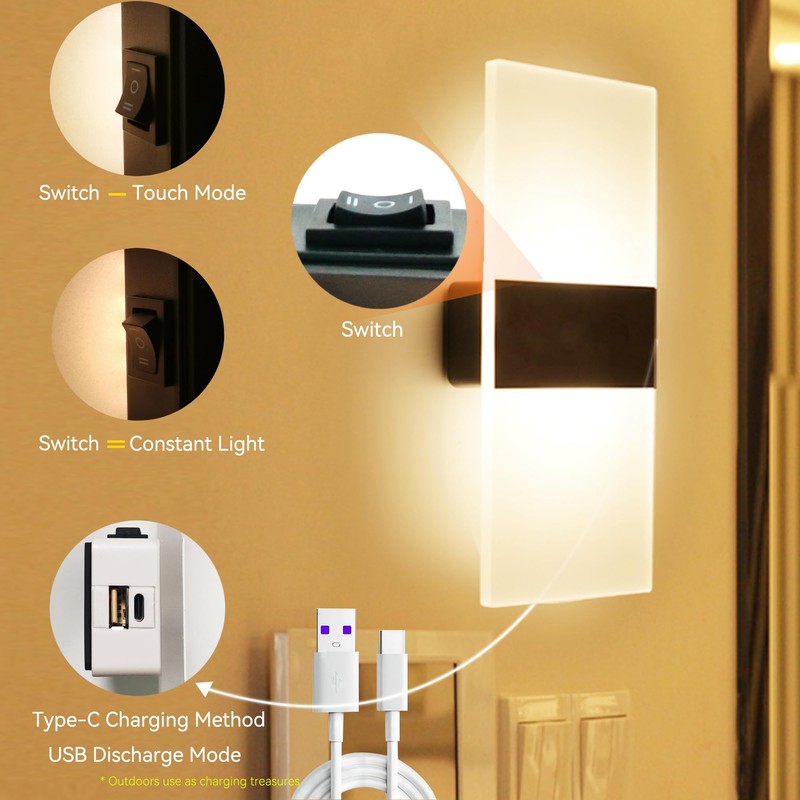 FelRelWel Modern Wall Sconces,Rechargeable USB Battery Operated,2 PCS Acrylic LED