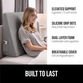 GORILLA GRIP Bed Wedge Ergonomic Sleeping Pillow, Soft Dual Layer Memory Foam, Stay in Place Dots, Breathable, Headboard Triangle Sleep Support for Reading Acid Reflux Anti Snoring, 7.5in Gray