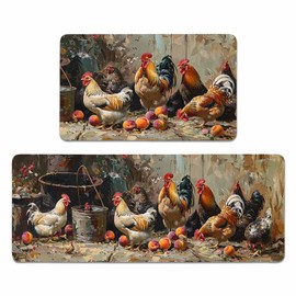 YWZDS Rooster Kitchen Rugs Set of 2, Country Style Sunflower Kitchen Mats with Rubber Backing Non Skid Washable, Chicken Kitchen Decorations (17" x 29 + 17" x 47")