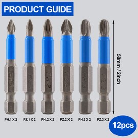 Litoexpe 12 Pcs Magnetic Anti-Slip Screwdriver Bits Set, PH1 PH2 PH3 PZ1 PZ2 PZ3, Impact Driver Bit Set 1/4 Inch Hex Shank Phillips Screw Head Screwdriver Bits