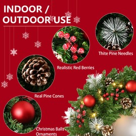 UMEEUTOO 24 Inch Pre-Lit Artificial Christmas Wreath for Front Door, Christmas Door Decorations Wreath with LED Warm Lights, Balls, Pine Needles, and Red Berries Wall Windows Ornament