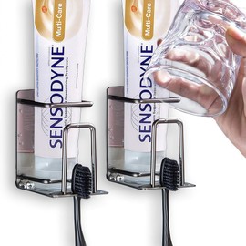 HANZE 2 Pack Toothbrush Holder 304 Stainless Steel Adhesive Wall Mounted 3 in 1 with Toothbrush Holder Toothpaste Holder and Cup Holder for Bathroom Shower