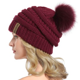 Queenfur Knit Slouchy Beanie for Women Thick Baggy Hat Faux Fur Pompom Winter Hat