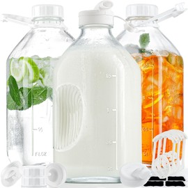 3 Pack 2 Qt Glass Water Bottles with Handle and Airtight Reusable SCREW LID - 64 Oz Juice Jugs, 1/2 Gallon Glass Milk Container for Fridge, Breast Milk Jug Pitcher with 2 Spouts, Extra Lids & Handles