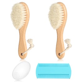 Baby Hair Brush and Comb Set, 2pcs Wooden Natural Goat Bristles Brush+ Blue Comb+ White Cradle Cap Brush Grooming Kit for Newborns Toddlers Boys Girls