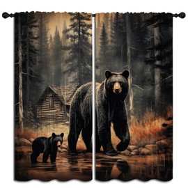 PYMATYTN Bear Blackout Curtains for Boys Girl Bedroom Decor,Countryside Hunting Lodge Forest Wildlife Thermal Insulated Rod Pocket Drapes Darkening Window Curtain for Living Room Home 42x45 inch
