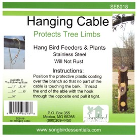 Songbird Essentials Hanging Cable Tree Limb Protector with S Hook, Steel Cable with Silicone Sleeve, Protects Tree Limbs from Heavy Bird Feeders and Decorations, 18 Inch Cable