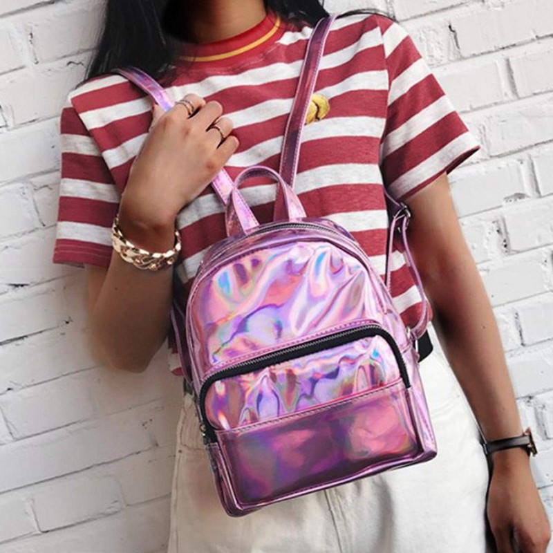 APOSITV Women's Rucksack, Metallic, Small, Silver, Pink, Sparkle, Lightweight, Hologram,