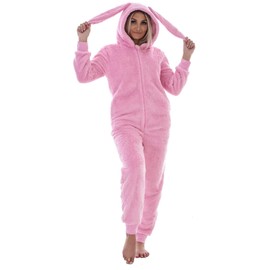 Keanu Womens Thick Snuggle Hooded Onesie - Luxury Warm Fleece Novelty Onesie with Long Bunny Ears - Sizes 8-20 (Pink, 8-10)