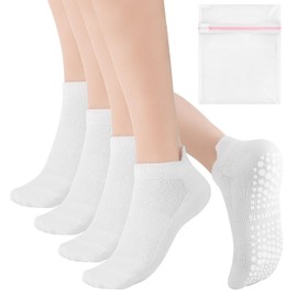 Guiqulai 4 Pairs Pilates Socks Women, Grip Yoga Socks for Women, White&Cotton, Athletic Ankle Socks for Ballet Dance Hospital Sport,Size 5-9 (White)