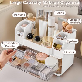 DASITON Large Capacity Makeup Organizer for Vanity with 2 Drawers, Skincare Organizers with Makeup Brush Holder, Cosmetic Display Case for Dresser Vanity Bathroom Countertop (White)