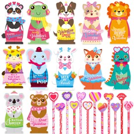 Qpout 48Pcs Valentines Day Gifts for Kids include 24 Valentines Greeting Cards for Kids with Cute Animal Designs and 24 Pencils with Heart Erasers for Valentine Classroom Exchange Gift Favors