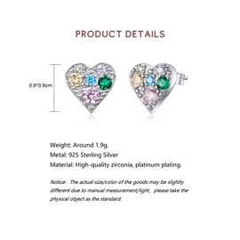 Bellitia Jewelry Platinum Plated Sterling Silver Heart Stud Earrings for Women, Multicoloured Cubic Zirconia Vintage Earrings Fashion Gemstone Jewelry Set for Women Girls
