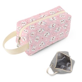 SuoSycorax Pink Cartoon Tooth Printed Quilted Makeup Pouch for Women - Velvety Polyester Cosmetic Organizer w/Triple Compartments, Travel & Makeup Brush Holder