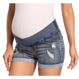Foucome Women's Maternity Ripped Jean Shorts Roll Hem Denim Shorts Pregnancy Summer Shorts (Blue, M)