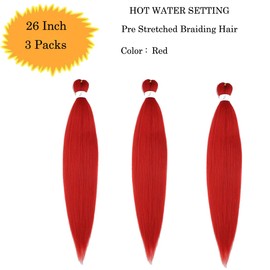 jiefeng Extensiones De Cabello Trenzado Preestirado, 3 Paquetes, 26 Pulgadas, Rojo, Sintético, Para Mujer, Con Ajuste De Agua Caliente (26 Pulgadas, Rojo)