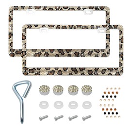 Ziciner Bling License Plate Frame, Sparkly License Plate Tag Cover with Multifaceted Rhinestones, Stainless Steel Crystal License Plate Holder with Start Stop Button Cover (Leopard Print, 2PCS)