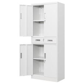 Metal Storage Cabinet, 71" H x 28" W x 16" D Locking Storage Cabinet with Adjustable Shelves and One Drawer, Steel Storage Cabinet for Office, Garage, Home, School, Utility(White)