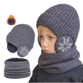 iNszkoos 2PCS Kids Winter Knit Beanie with Earflap Thermal Neckwarmer 4-10 Years Girls Boys Fleece Lined Winter Warm Hats Snood Hat Set Child Insulated Cold Weather Sets