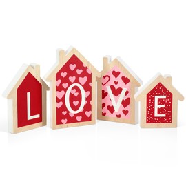 LXDNBGO Valentines Day Decorations - 4 Pcs Wood House Shape Sign, Red and Pink Wooden Tiered Tray Decor, Classic Valentines Day Decor Home Office Shelf Mantel Table