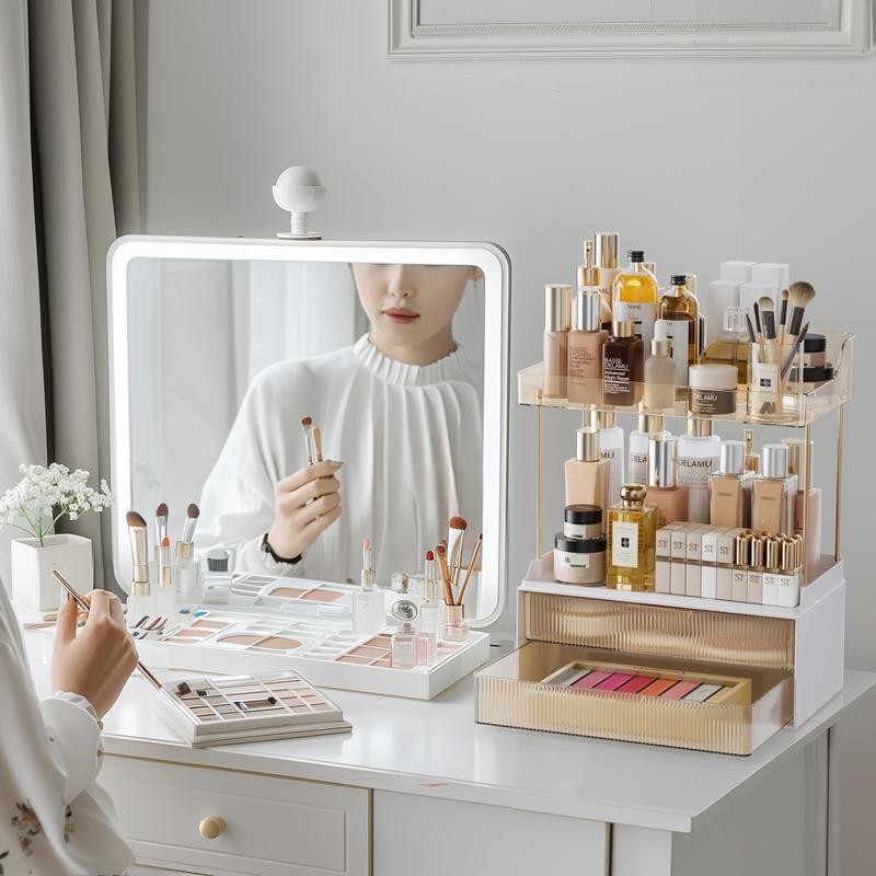 DELAMU 2-Tier 2-Drawer Countertop Organizer, Ideal for storing cosmetics, skincare,