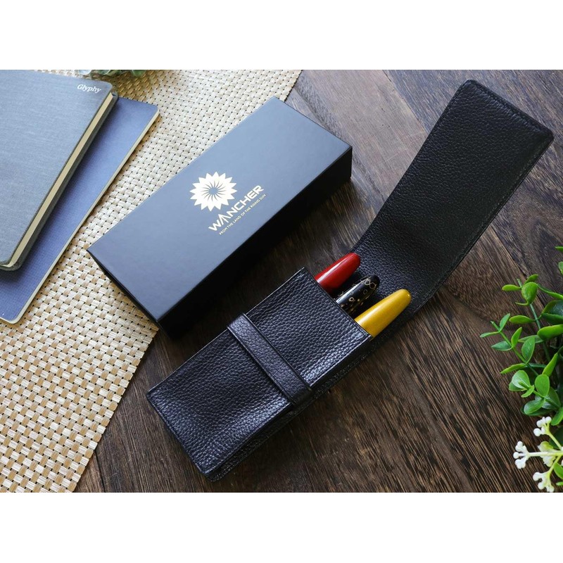 WANCHER Oncher Terasaki Leather Pen Case, Black Fountain Pen Case,