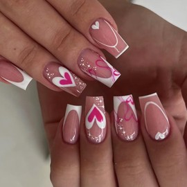 Valentines French Tip Press on Nails Square Short Fake Nails Glossy Acrylic Nails Heart False Nails Full Cover Artificial Nails Valentines Stick on Nails Reusable Glue on Nails for Women