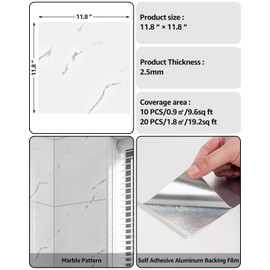 WADILE 20pcs Peel and Stick Shower Waterproof Marble Tiles Wall Panels, 11.8"x11.8" Self-Adhesive Backsplash, for Home Bathroom, Kitchen, Living Room White (Not Real Tile)