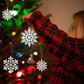 ERBO Pack of 24 Snowflakes Christmas Decoration, Christmas Tree Decoration, White, Tree Decoration, Christmas, Glitter Snowflakes Pendant for Christmas Decoration, Window Decoration, Christmas Tree