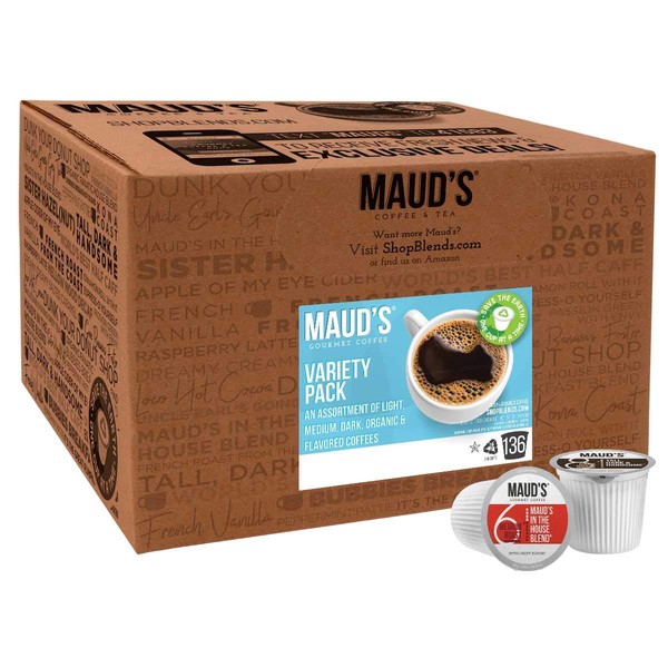 Maud's 12 Flavor Coffee Variety Pack, 136 ct. Recyclable Single Serve Coffee Pods - Richly satisfying arabica beans California Roasted, k-cup compatible including 2.0
