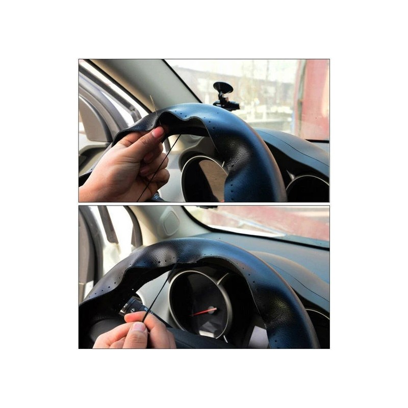 CHUSYYRAY DIY Black Genuine Leather Car Steering Wheel Cover for