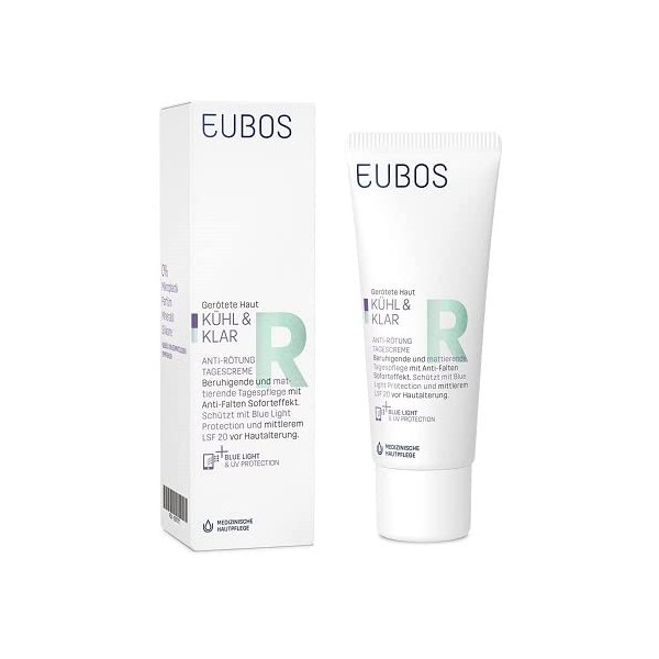 Eubos Cool and clear, anti-redness, day cream, 40 ml, SPF 20, dermatologist-recommended for reddened skin, blue light protection to protect against blue screen light