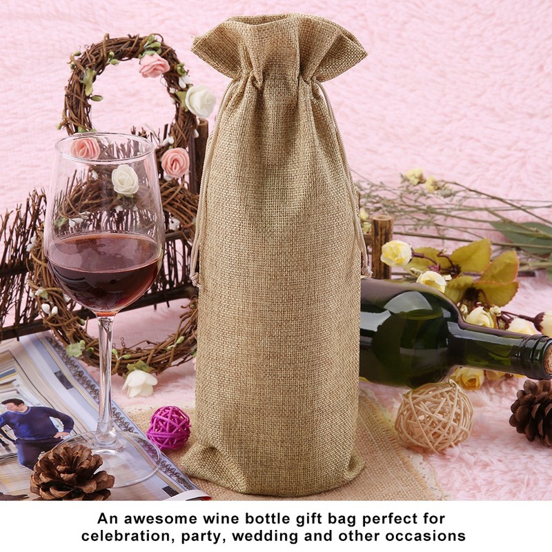 12pcs Simple Linen Fabric Wine Bag with Drawstring Champagne Decorative