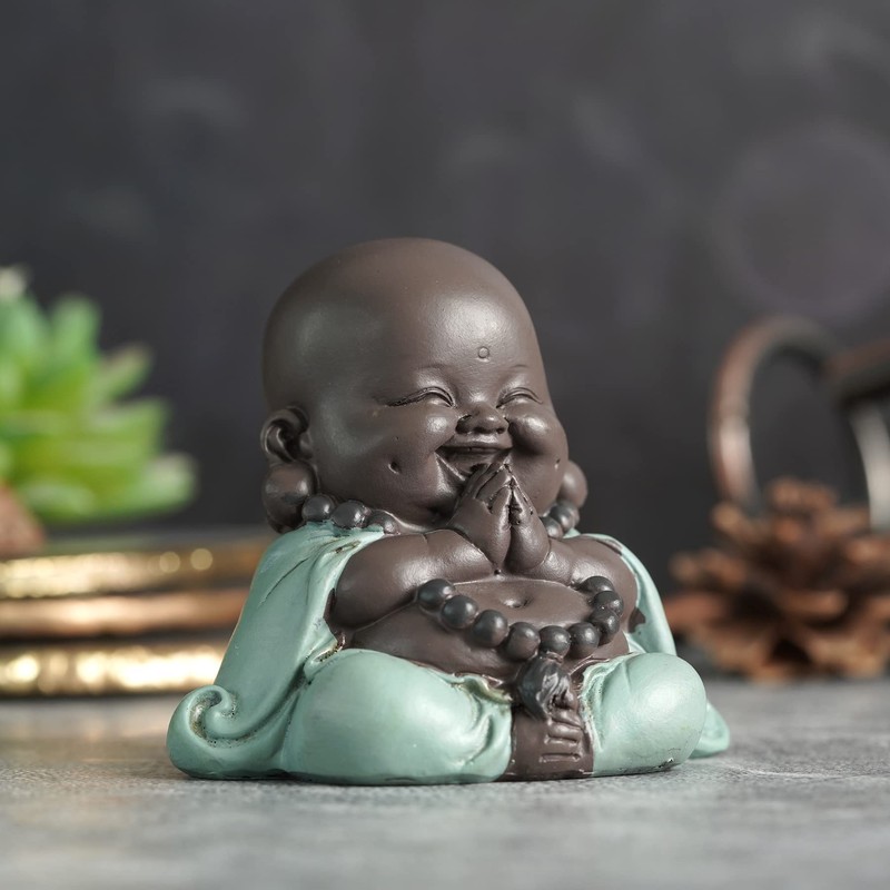 JUJOYBD Small Laughing Buddha, Cute Monk Statue, Ceramic Ornaments Figure,
