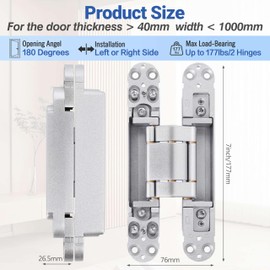 Hawaminent Upgraded Invisible Door Hinges 2 Silver – 7inch 3 Way Adjustable & 180° Swing Concealed Hinges, Heavy Duty Zinc Alloy Invisible Hinge, Hidden Door Hinge with Capacity up to 177lb