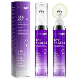 Eye Serum with 8% Caffeine 8% Retinol Hyaluronic Acid Niacinamide Peptides for Puffy Eye Bags Dark Circles Wrinkles and Fine Lines, Anti Aging, Under Eye Cream with 360° Eye Roller Massage Ball, 2PCS