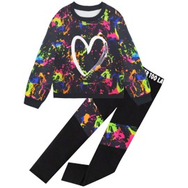 EuquixZeph Girls 2 Piece Outfits Kids Clothes Sets Sweatsuit Tracksuit Jogger Print Long Sleeve Sweatshirts Sweatpants 4-13Y, Graffiti Black, 6-7 Years