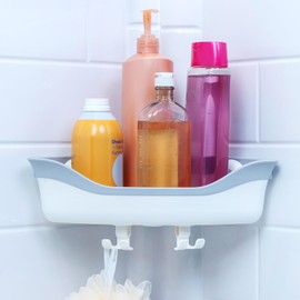 SlipX Solutions Corner Shower Basket Caddy, Sturdy Storage Organizer, Adjustable Power Lock Suction Cups, 2 Hooks, Holds up to 22 Pounds, Tool Free, Drill Free, Removeable (White)