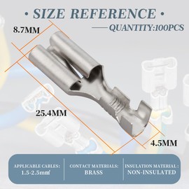Innfeeltech Pack of 100 Non-Insulated Tin-Plated Spade Crimping Terminals, Connection Width 7.8 mm for Cable 1.5 mm² to 2.5 mm², Socket