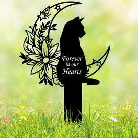 HEGANITS Cat Grave Marker Outdoor Memorial – 12in Metal Pet Memorial Plaque with Garden Moon Cat, Weatherproof Headstone for Yard or Indoor Tribute, Sympathy Gift for Loss of Pet