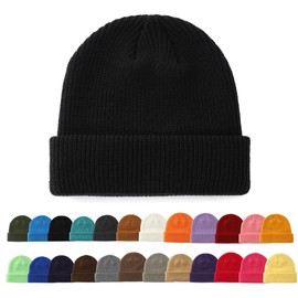 Connectyle Unisex Men's Ribbed Knit Hat Fall/Winter Knit Cap Fold-over Solid Watch Cap, Black, L