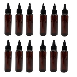Natural Farms - Botellas de plástico Cosmo ámbar de 2 onzas, paquete de 12 botellas vacías recargables, sin BPA, aceites esenciales, aromaterapia, tapa superior giratoria negra, fabricada en los Estados Unidos