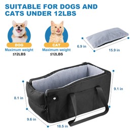 Center Console Dog Car Seat for Small Dogs Up to 12lbs, Detachable Armrest Pet Car Seat, Portable Middle Console Dog Booster Car Seat with Adjustable Straps & Storage Pocket (Black, Medium)