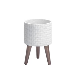 D'vine Dev 8 Inch Modern Geometric Tile Patterned Sleek Planter Pot with Stand, Indoor Outdoor Decorative Plant Holder, Matte White, 88-Z-A-1