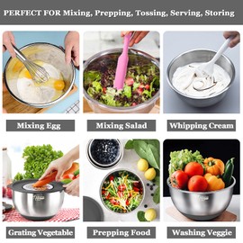 Wildone Mixing Bowls with Airtight Lids, 22 PCS Stainless Steel Mixing Bowls Set, 3 Grater Attachments, Measurement Marks & Non-Slip Bottom, Size 5, 4, 3, 2,1.5, 0.63QT, Ideal for Mixing & Prepping