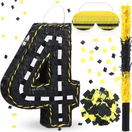 Poen Construction Piñata Decorations 16 Inch Race Car Road Number Piñata with Blindfold Stick and Confetti for Birthday Construction Truck Race Car Theme Party Supplies Centerpiece Decors(Number 4)